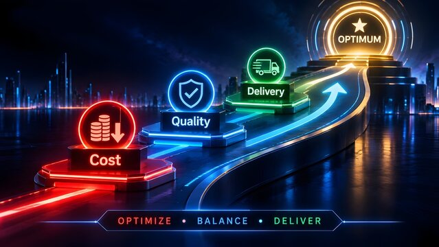 Neon pathway leading to optimum goal with glowing cost quality and delivery milestone checkpoints