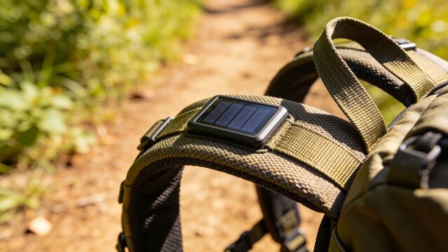 Small solar panel integrated on a hiking backpack strap in the outdoors