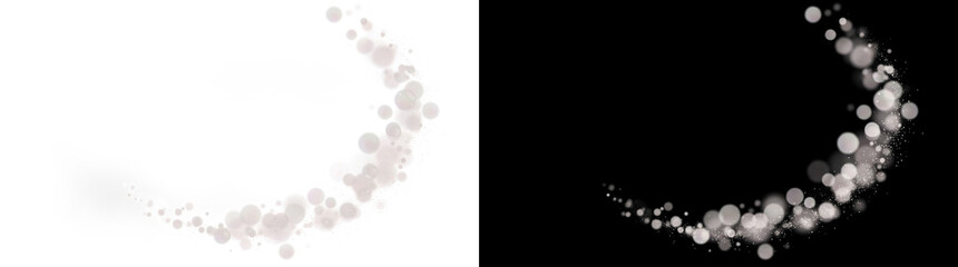 Swirling bokeh orb trail curving gracefully in a crescent shape with soft glowing circles for elegant overlays in PNG, Transparent and Black Background Versions © Crafter