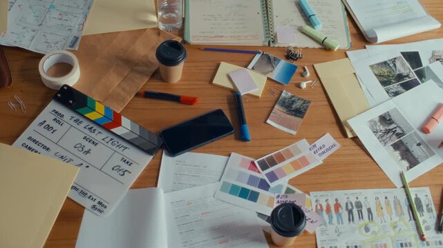 Clapperboard titled The Last Light, location reference photos, color palettes, script pages, costume design illustrations and storyboard on wooden desk in filmmakers studio. Top down, flat lay