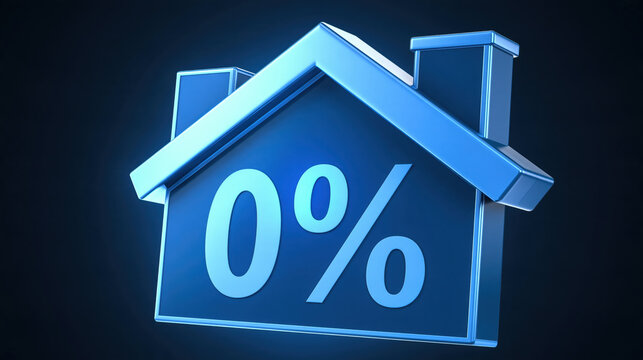 Zero percent house mortgage rate blue house symbol financial offer loan interest home finance real estate property sale discount savings