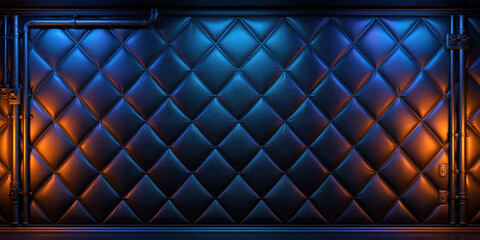 Obraz premium Quilted leather wall panel with blue and orange light, dark luxury texture in straight front view