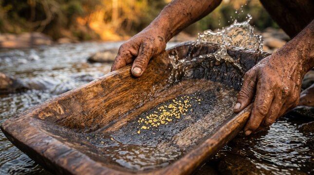 Close-up of a miner panning for gold in a river with a wooden pan