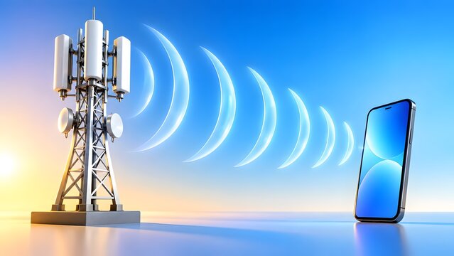 Cellular tower sending wireless internet signal waves to smartphone over clear sunset sky background