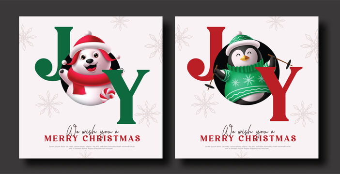 Merry Christmas Joy Typography Cards Set with Cute Bear and Penguin Characters