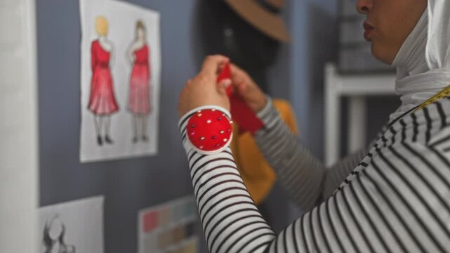Woman pins red fabric swatch to a dress sketch using hands in a design studio with hat rack and color chips on wall; creative concentration.