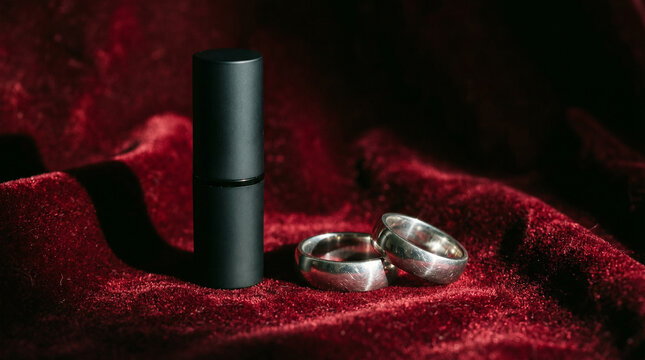 Elegant black lipstick tube and silver rings on deep red velvet perfect for romantic luxury cosmetic branding and premium fashion beauty concepts