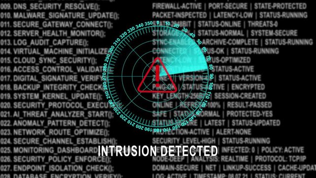 Cyber security intrusion detected warning alert animation with scanning radar interface over program code background, highlighting network vulnerability, and information protection breach