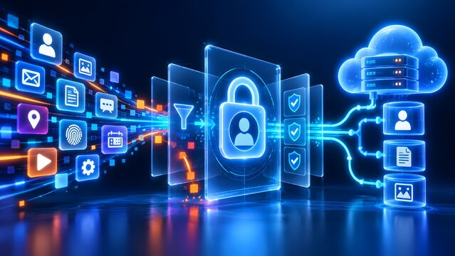 Digital data funnel filtering multimedia icons through secure padlock interface into cloud database representing network privacy