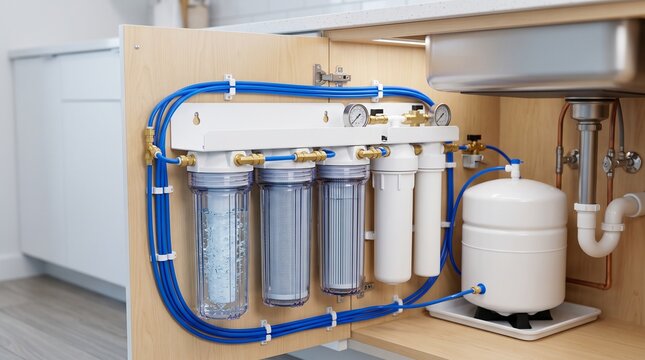 Reverse osmosis water filtration system installed under the kitchen sink