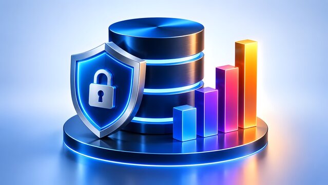 Secure database cylinder with padlock shield and rising growth chart representing protected data analytics