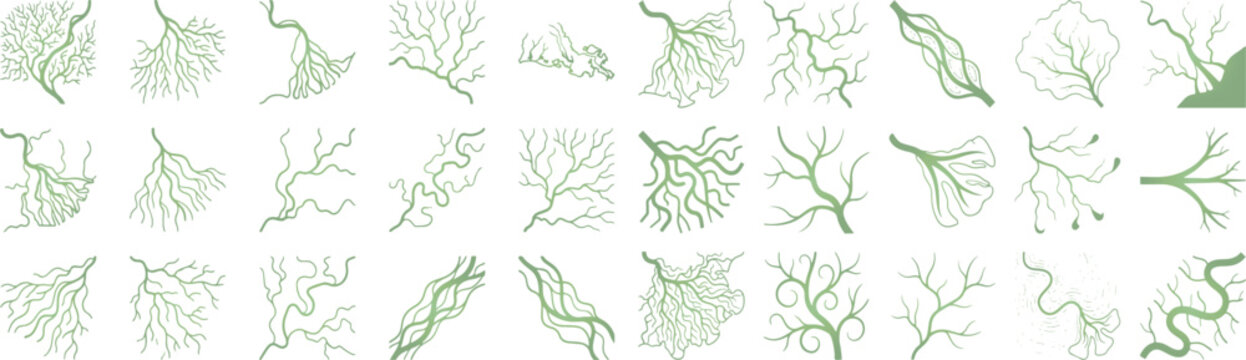 Set of river delta and water stream map icons in simple black line style