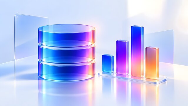 Glass database storage cylinder and ascending bar chart representing clear transparent financial analytics
