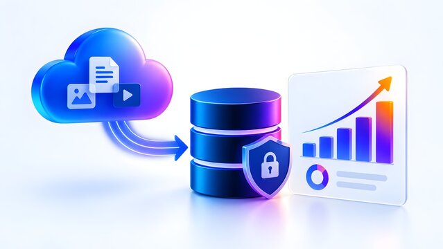 Cloud computing transferring secure files to encrypted database generating ascending analytics chart panel