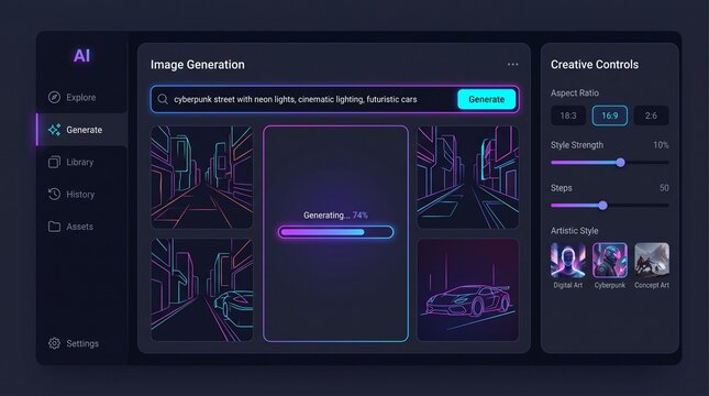 Futuristic AI Image Generator Interface with Dark Mode Dashboard