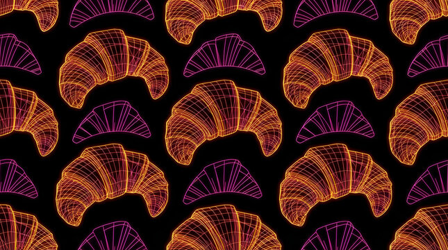 Seamless Pattern of Glowing Neon Wireframe Croissants on Black Background, Cyberpunk Geometric Pastry Mesh Line Art Vector Texture