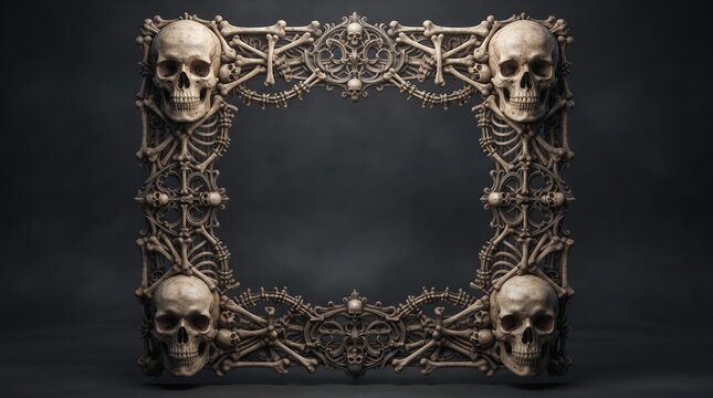 Gothic skull frame 3D rendering with human bones skeleton gothic dark background