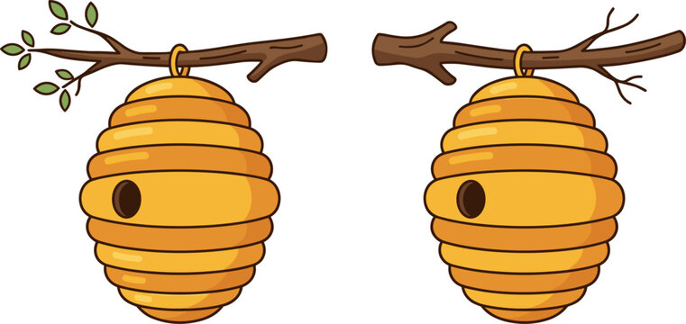 Cartoon Beehive Set Hanging on Tree Branch Isolated on White Background Vector Illustration