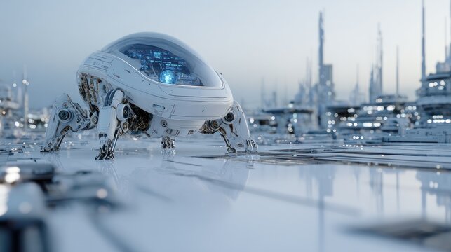 Advanced futuristic spider robot walking in modern city