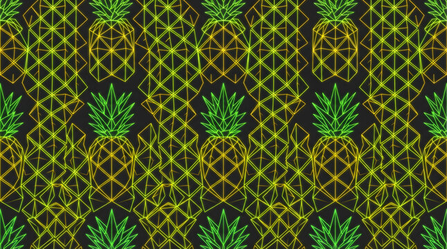Seamless Geometric Neon Pineapple Pattern on Dark Background with Glowing Green and Yellow Polygonal Wireframe Fruit Mesh