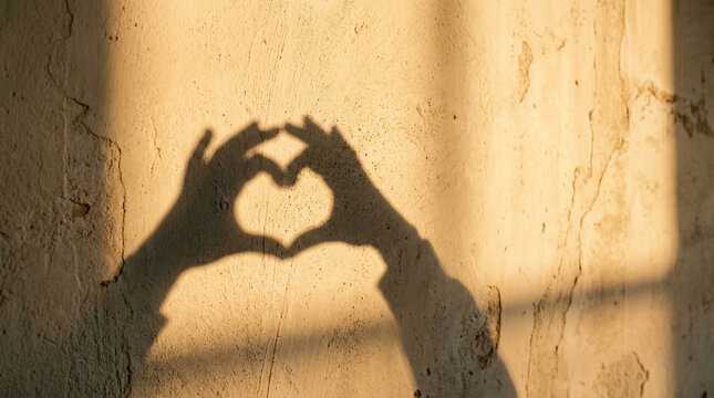 Heart shaped hand shadow on a warm textured wall illuminated by sunlight perfect for romantic lifestyle concepts and peaceful aesthetic layouts