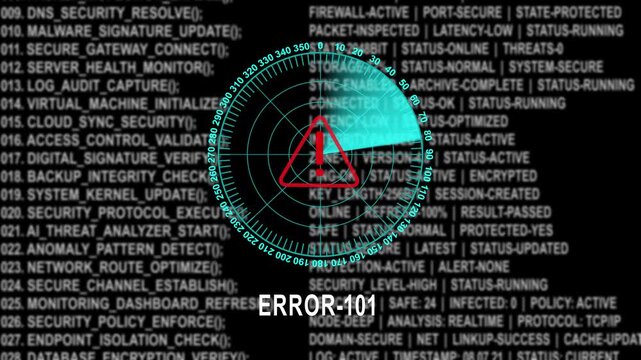 Cyber security error alert system with rotating radar scanning code and warning symbol on dark digital interface screen showing system vulnerability and network threat detection