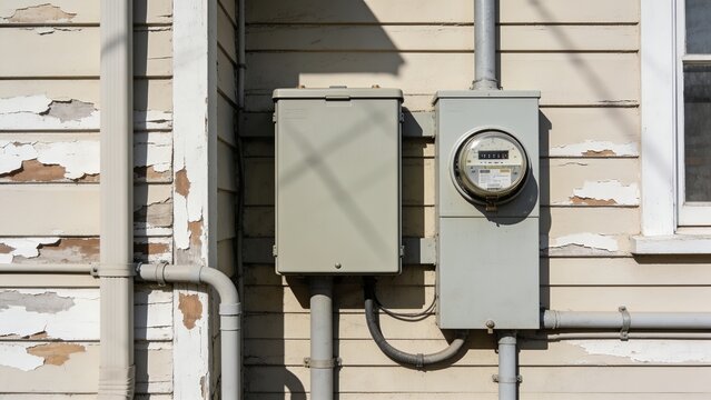Exterior electrical meter and junction box on a weathered wooden house wall