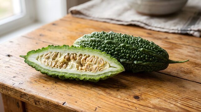 Sliced bitter gourd showing seeded interior beside whole gourd on wood