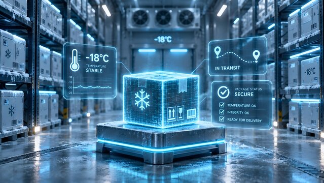Glowing wireframe package in cold storage warehouse with temperature monitoring dashboard showing stable climate control