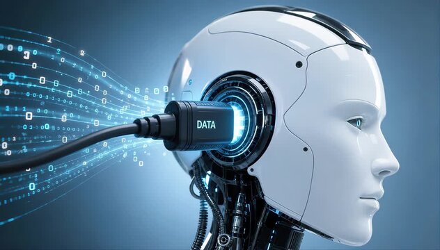 futuristic robot with futuristic data plugin to it brain