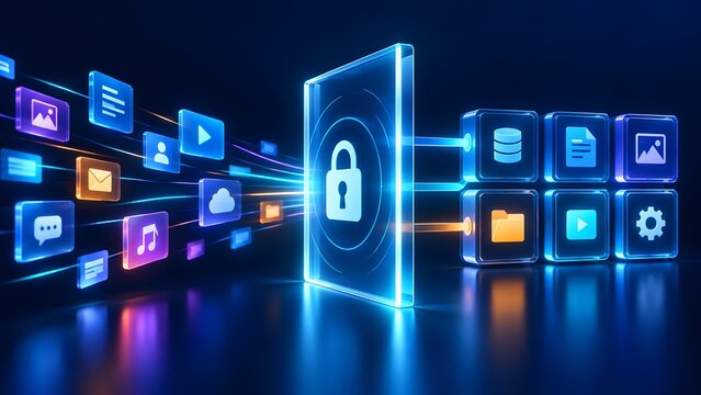 Digital multimedia file icons flowing through glowing security padlock shield into secure server database