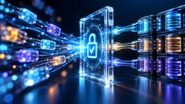 Fiber optic data cables transmitting through glowing security shield padlock into secure server database