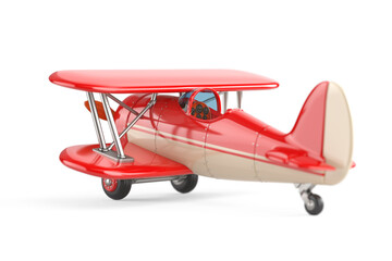 Aviation And Vintage Flight Concept. Classic Red Biplane With Wooden Propeller And Twin Wings Isolated On White Background. 3D Rendering © doomu
