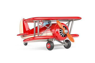 Aviation And Vintage Flight Concept. Classic Red Biplane With Wooden Propeller And Twin Wings Isolated On White Background. 3D Rendering © doomu