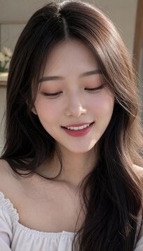Portrait of Young Asian Girl with Beautiful Eyes and Natural Smile, Closeup Beauty Fashion Model with Makeup and Clear Skin 