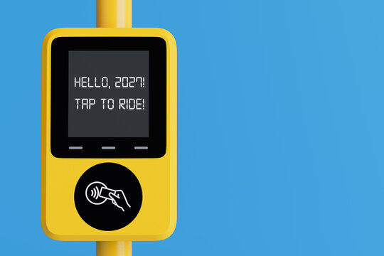 Smart Transport Concept. Yellow Contactless Bus Ticket Validator Displaying Welcome Message For 2027. 3d Rendering