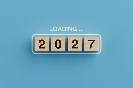 New Year Countdown Concept. Wooden Blocks Forming 2027 With Loading Text. 3d Rendering