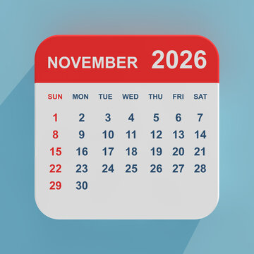 Flat Icon Calendar November 2026. 3d Rendering
