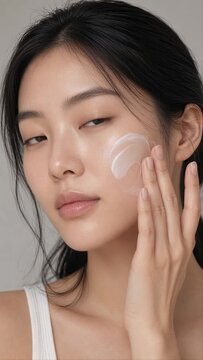 Young Woman Applying Cosmetic Cream for  Skincare, Close-Up Portrait with Healthy Skin and Natural Beauty Routine