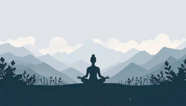Calming outdoor illustration of a person meditating with layered mountains and bright sky, perfect for wellness, nature, mindfulness, and peaceful lifestyle visuals.