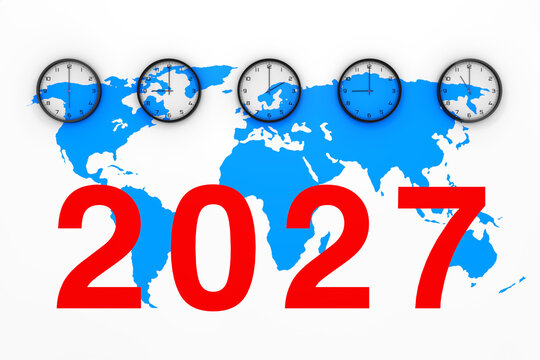 Set of Clocks with Different World Time, Blue World Map and New 2027 Year Sign. 3d Rendering