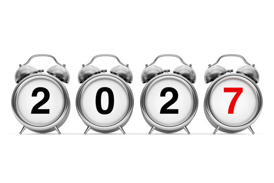 New Year and Merry Christmas Concept. Alarm Clock with 2027 New Year Sign. 3d Rendering