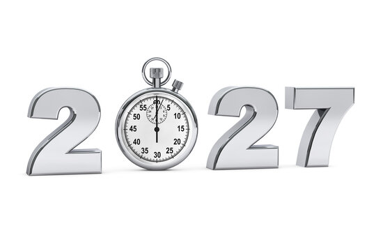 New year 2027 concept. 2027 steel sign with stopwatch. 3d Rendering