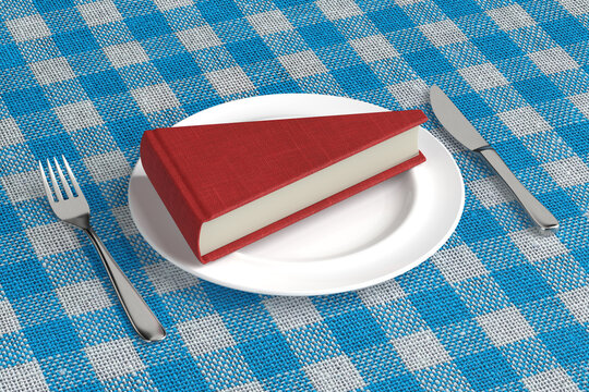 Knowledge And Learning Concept. Red Book Served On A White Plate With Fork And Knife On Blue Checkered Tablecloth. 3D Rendering
