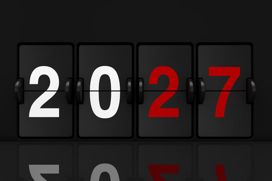 Mechanical Analog Flip Clock Board with 2027 New Year Sign. 3d Rendering