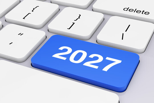 Blue 2027 New Year Key on White PC Keyboard. 3d Rendering