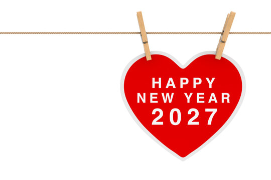 Red Paper Heart with Happy New 2027 Year Sign Hanging on a Rope. 3d Rendering