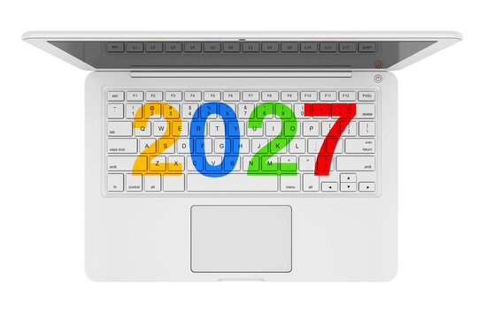 White Laptop with 2027 New Year Sign. 3d Rendering