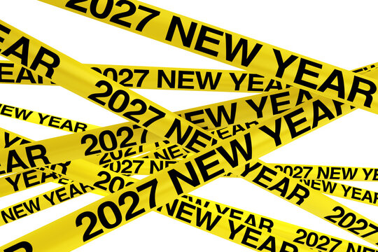 Caution Yellow Tape Strips with 2027 New Year Sign. 3d Rendering