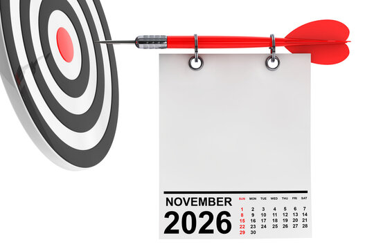 Calendar November 2026 on Blank Note Paper with Free Space for Your Design. 3d Rendering